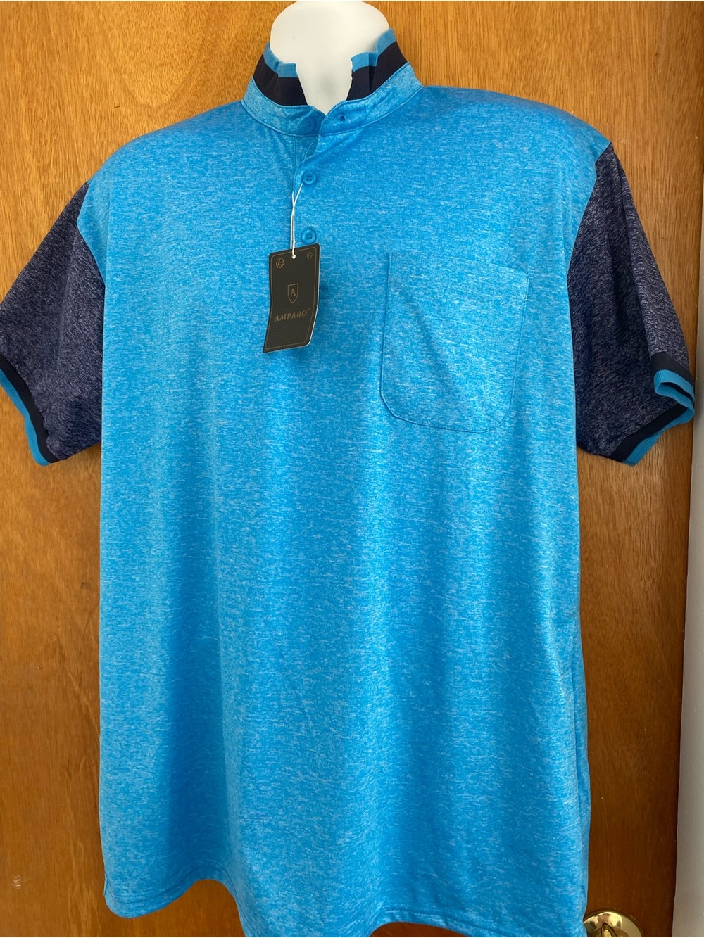Men’s blue Heather Polo with Contrasting Navy Sleeves